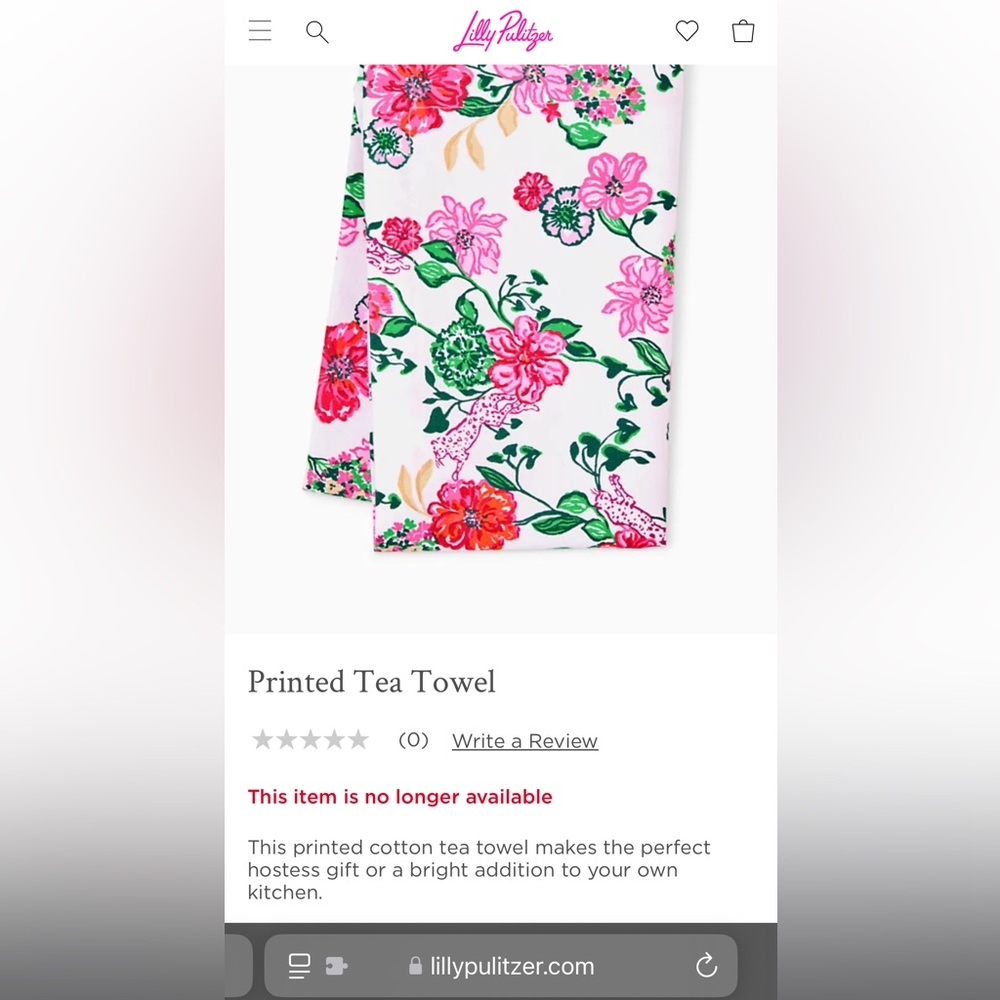 NWT Lily Pulitzer printed tea towel in Coconut Safari